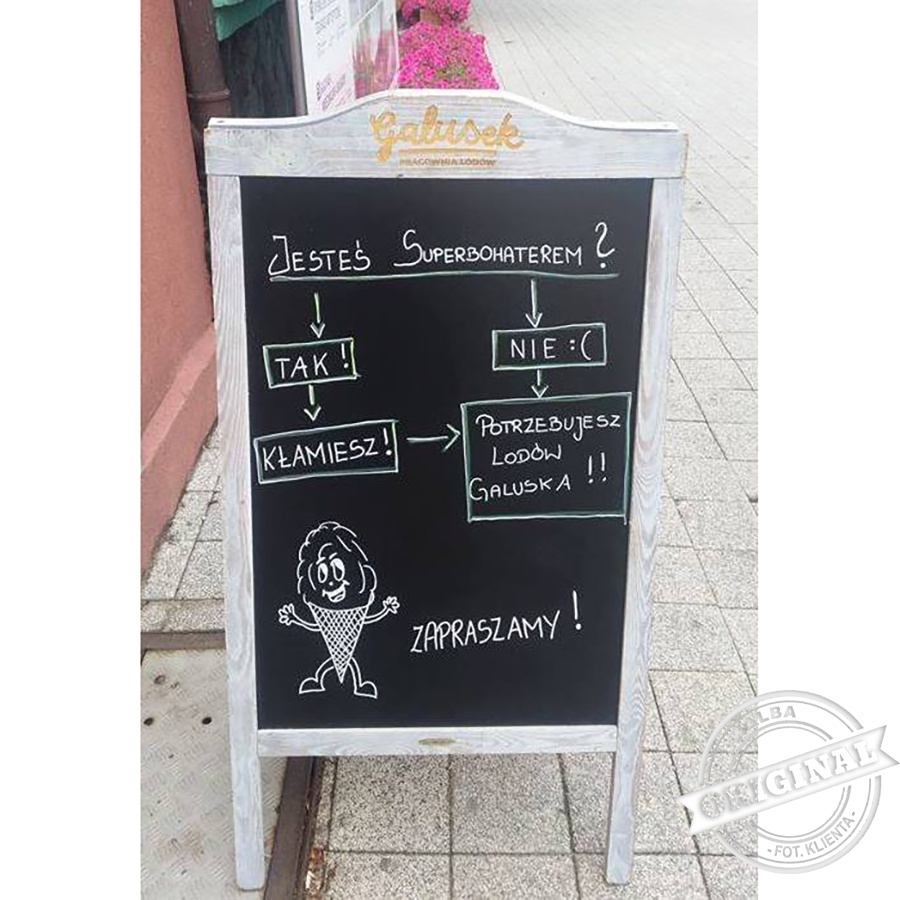 Potykacz reklamowy z wygrawerowanym logo dla lodziarni Galusek w Tychach