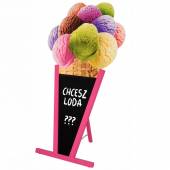 Jednostronny - wodoodporny potykacz drewniany z tablicą kredową LODY GAŁKOWE - 148,5x83cm rama różowa